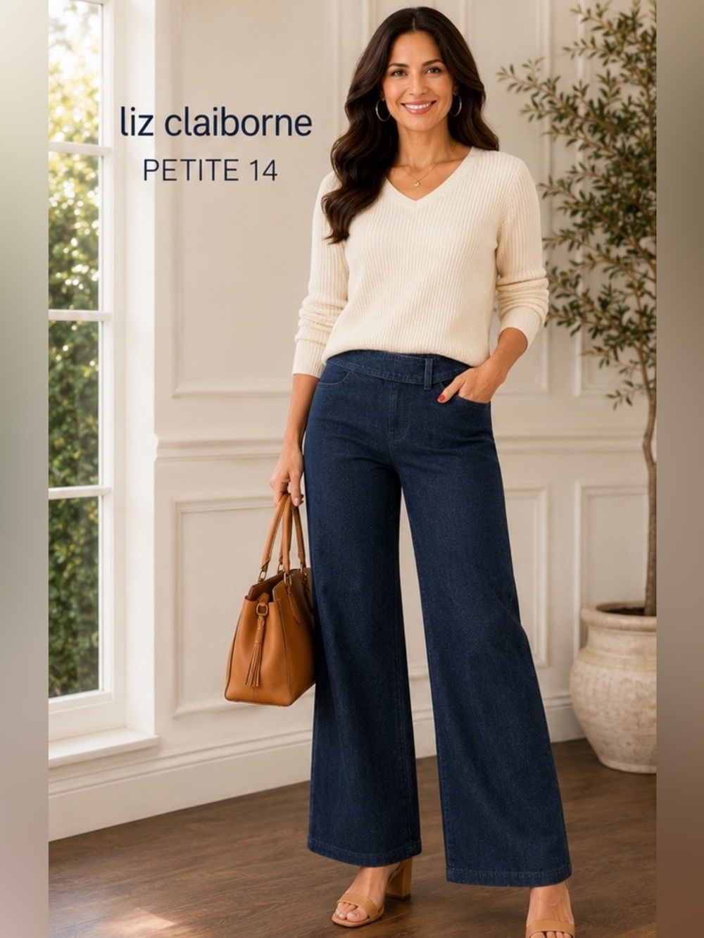 Liz Claiborne Petite 14 Wide Leg Denim Pants Hidden Wrap Waist 100% Cotton